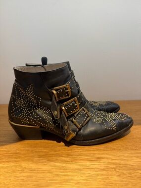 Chloe Susan boot Black Studded Leather Ankle Boots with Gold Buckles